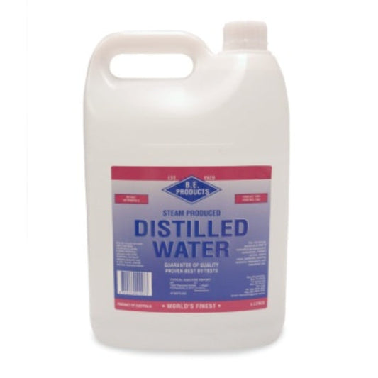 Bottle of distilled water with a label on a white background