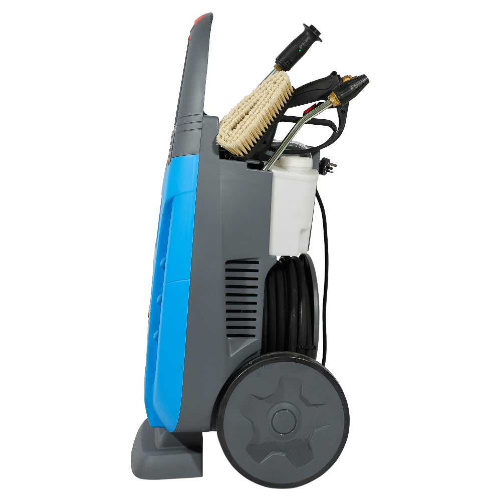 Side view of a BAR KT1800 Pressure Washer with attachments on a white background