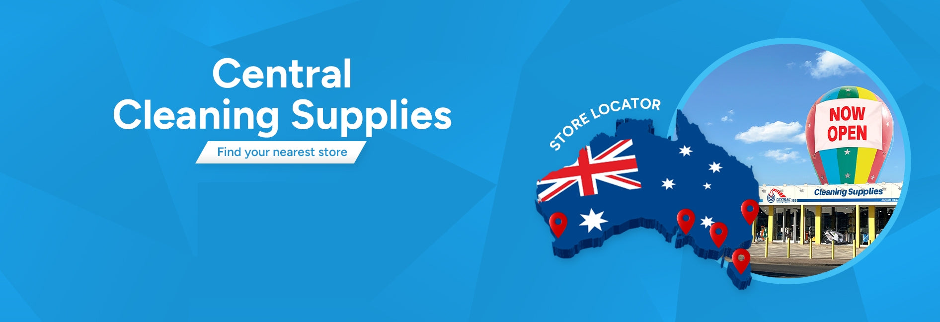 Central Cleaning Supplies advertisement with a map of Australia and store locator feature on a blue background.