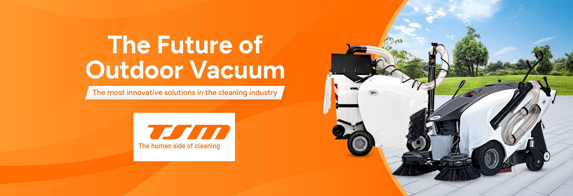 TJM outdoor vacuum cleaner with text 'The Future of Outdoor Vacuum' on an orange background