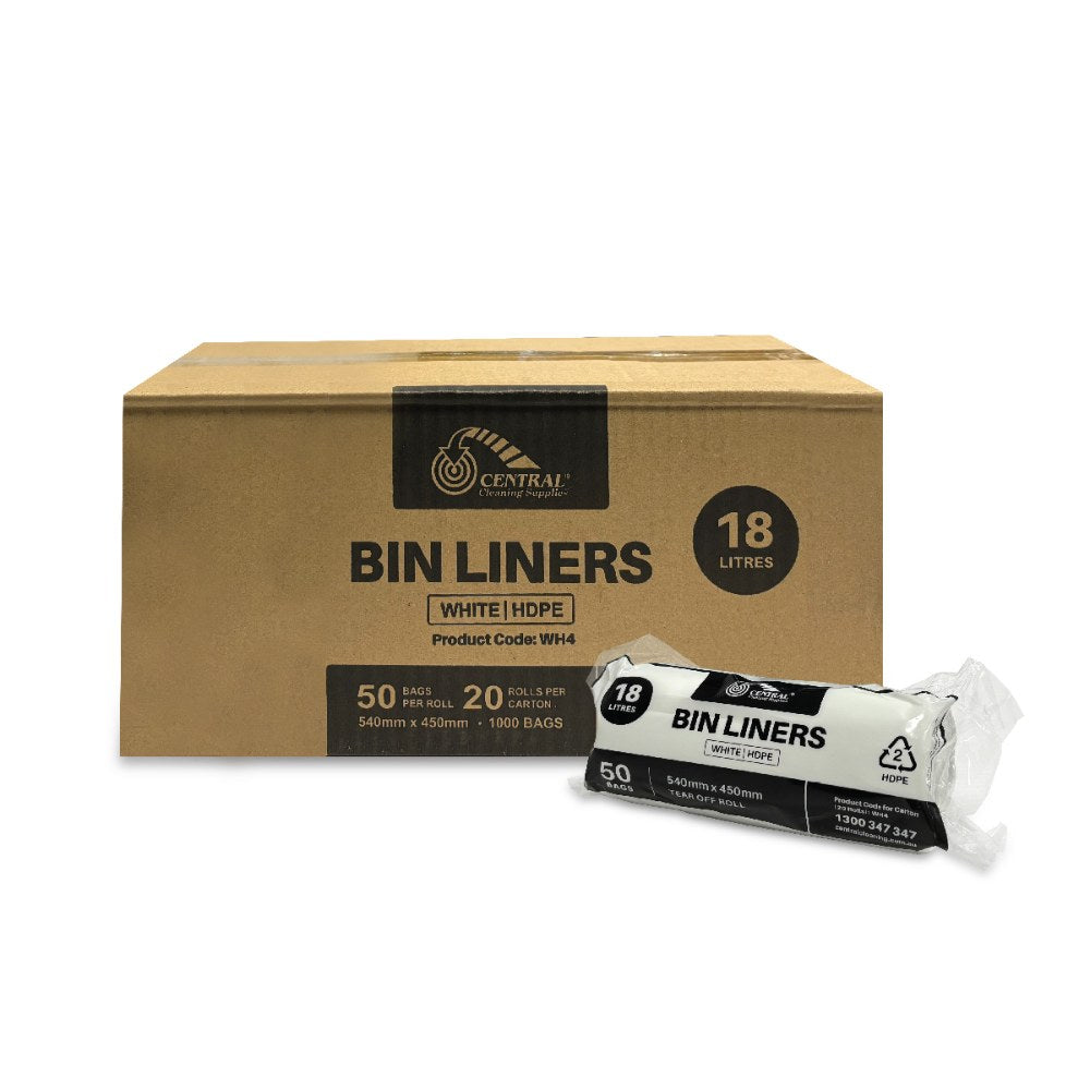Box of bin liners with a sample pack on a white background