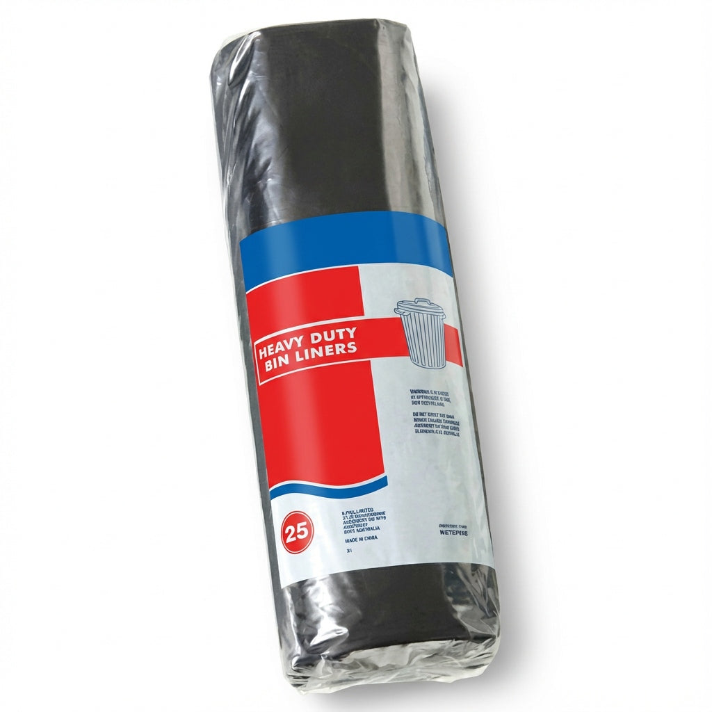 Heavy-duty bin liners packaging on a white background