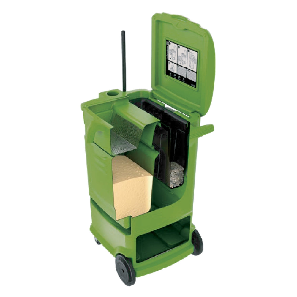 Green spill cart with compartments and a tablet on a white background