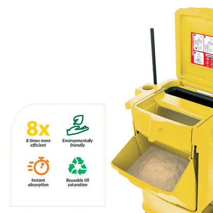 Yellow spill bin with features highlighted on a white background