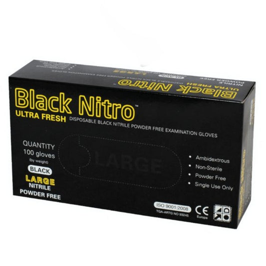 Box of Black Nitro disposable gloves with yellow text on a white background