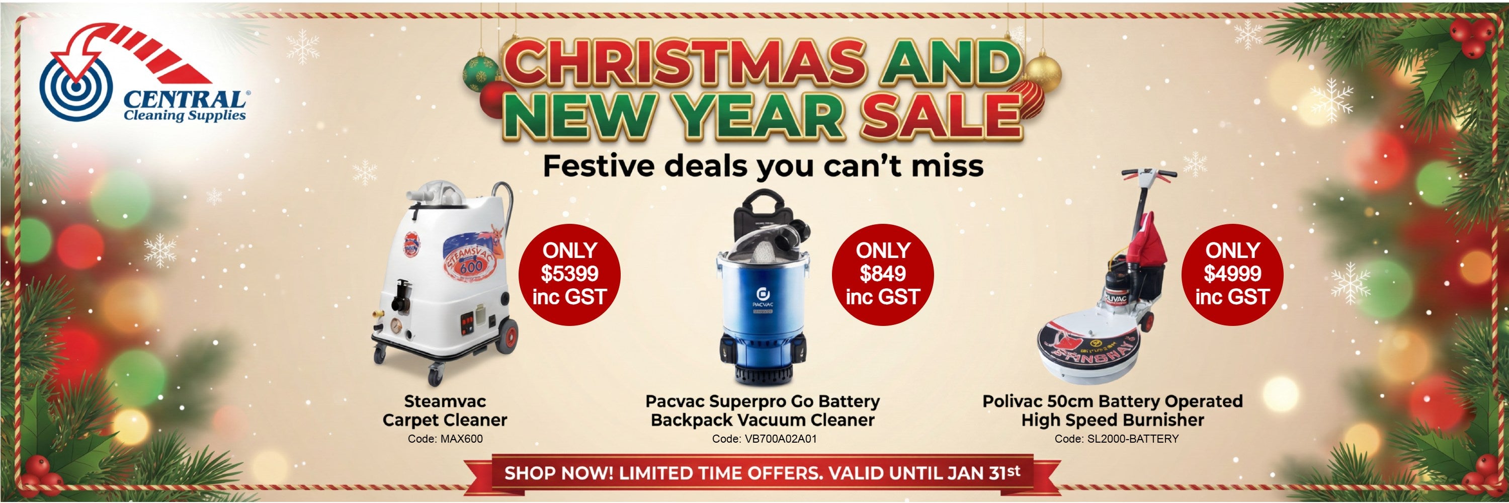 Promotional banner for Christmas and New Year sale with Central Vacuum products and festive decorations.