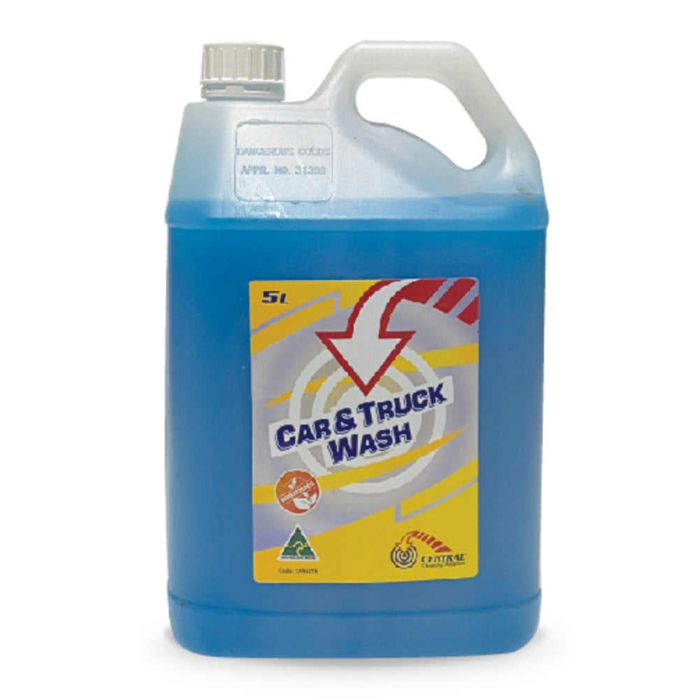 Blue car and truck wash container with a white label on a white background