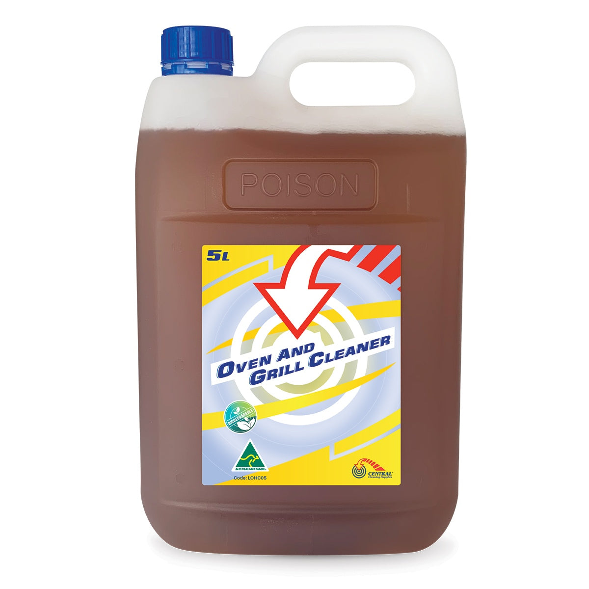 Jug of oven and grill cleaner with a label on a white background