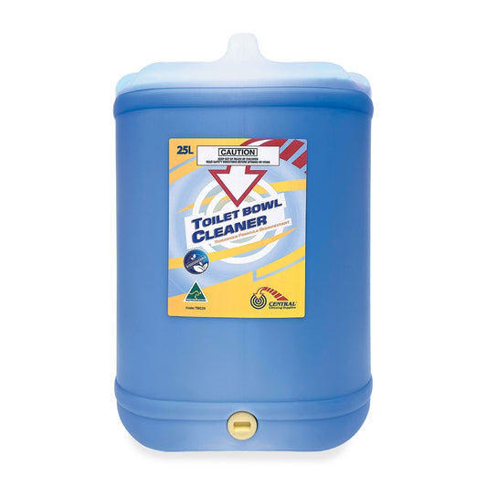 Blue container of toilet bowl cleaner with a label on a white background