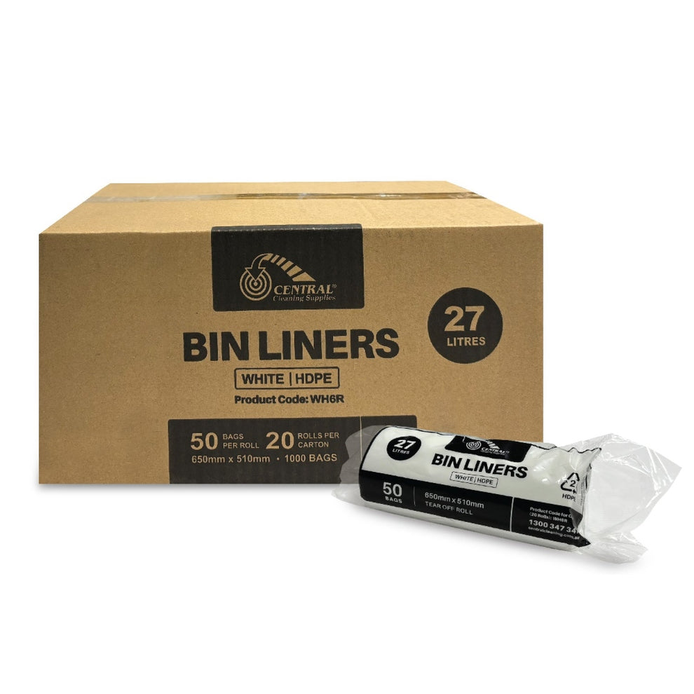 CCS 27L Bin Liners White 1000 Bags per Box | Central Cleaning Supplies