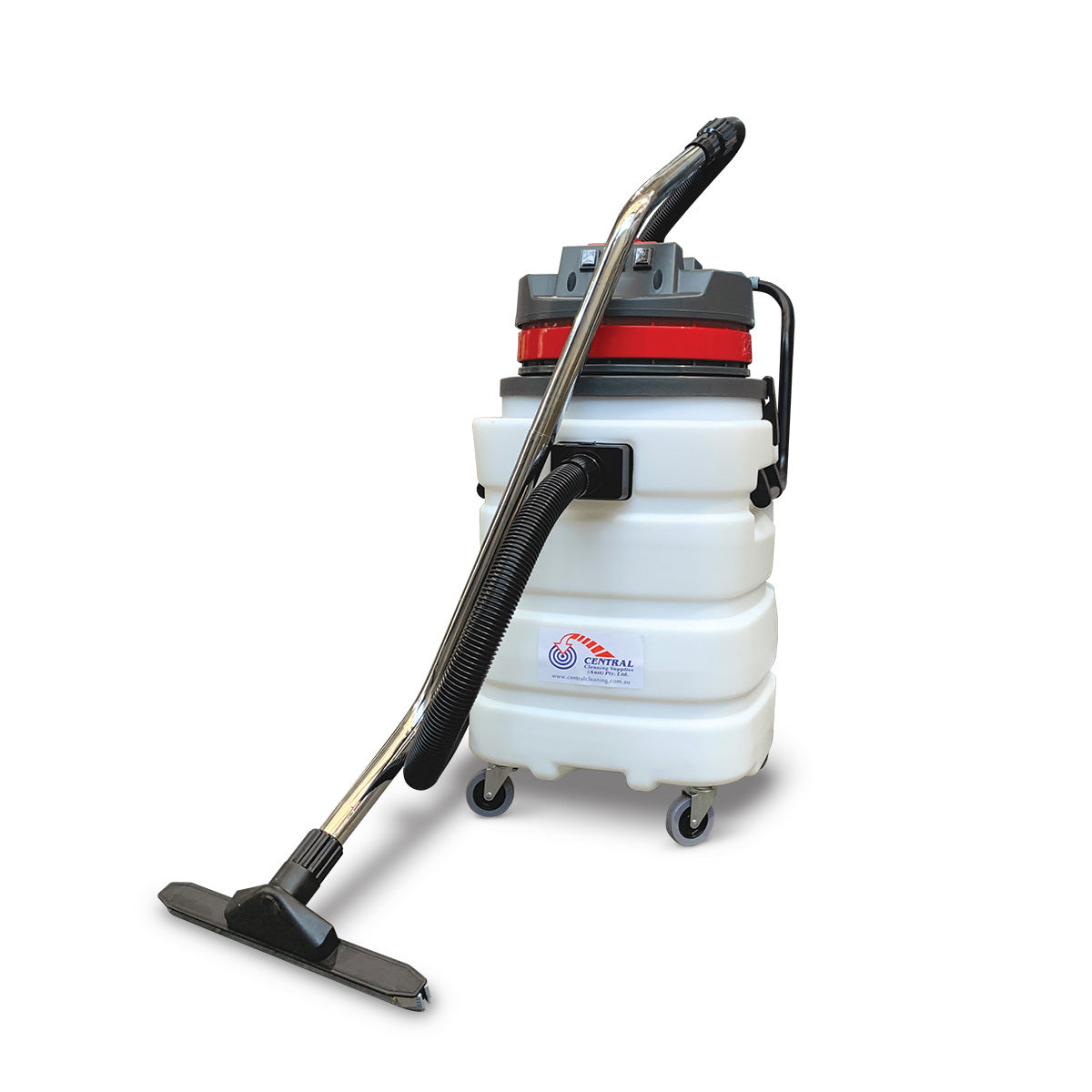 White industrial vacuum cleaner with black attachments on a white background