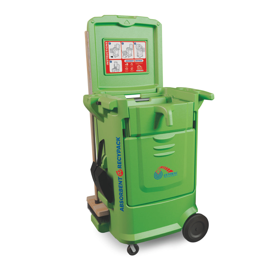 Green absorbent cartridge recypack bin with wheels on a white background