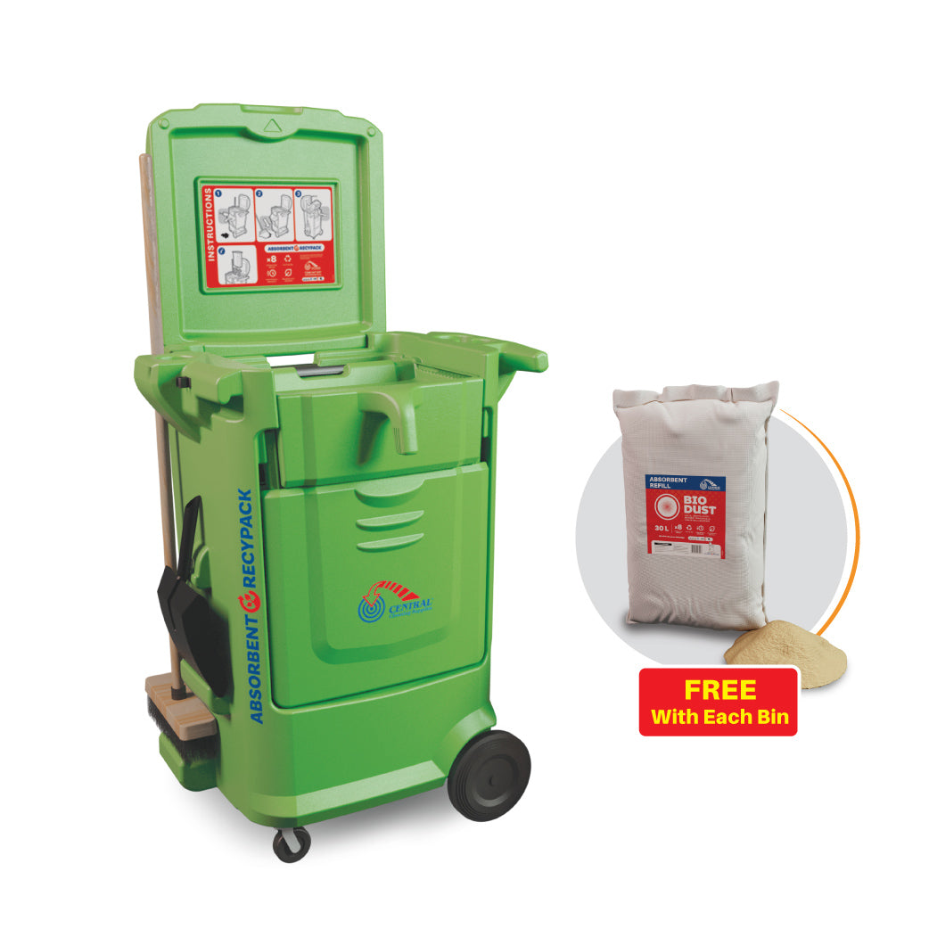 Green recycling bin with a free bag of Bio-Bag compostable bags on a white background