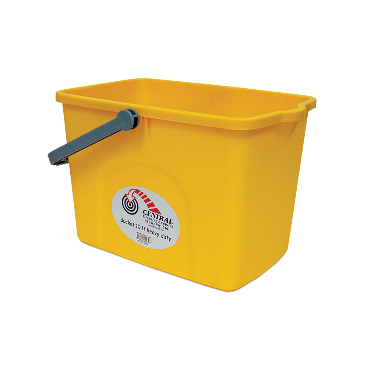 Yellow cleaning bucket with a gray handle on a white background