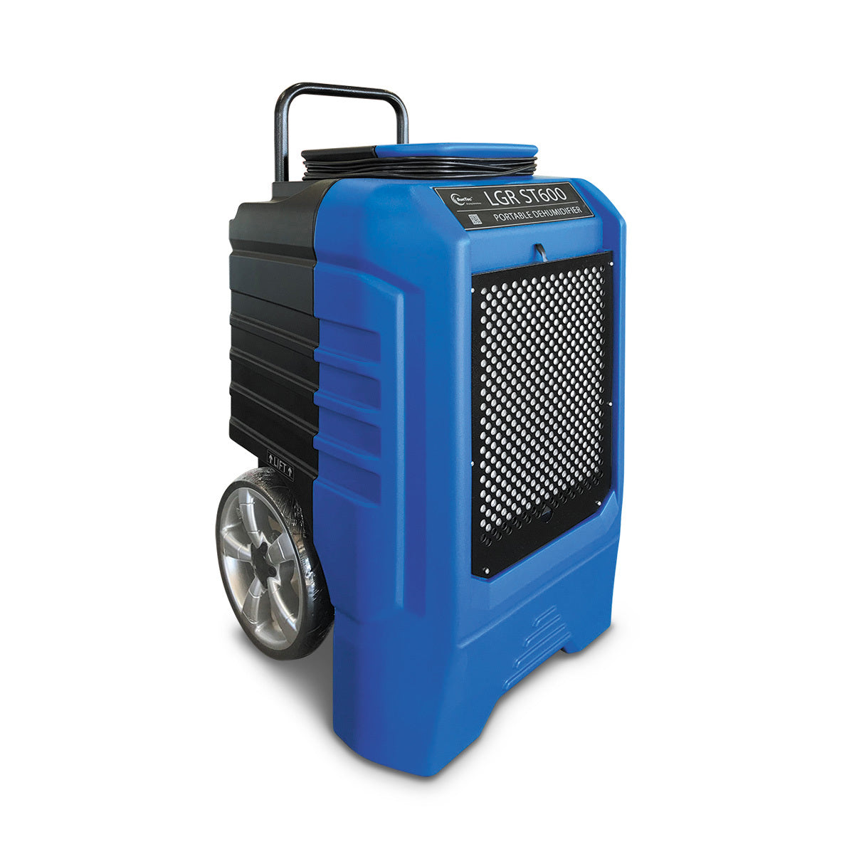 Blue and black portable dehumidifier on a white background