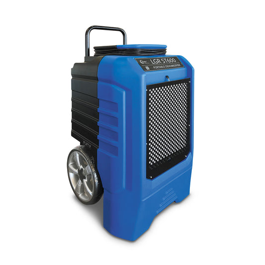 Blue and black portable dehumidifier on a white background