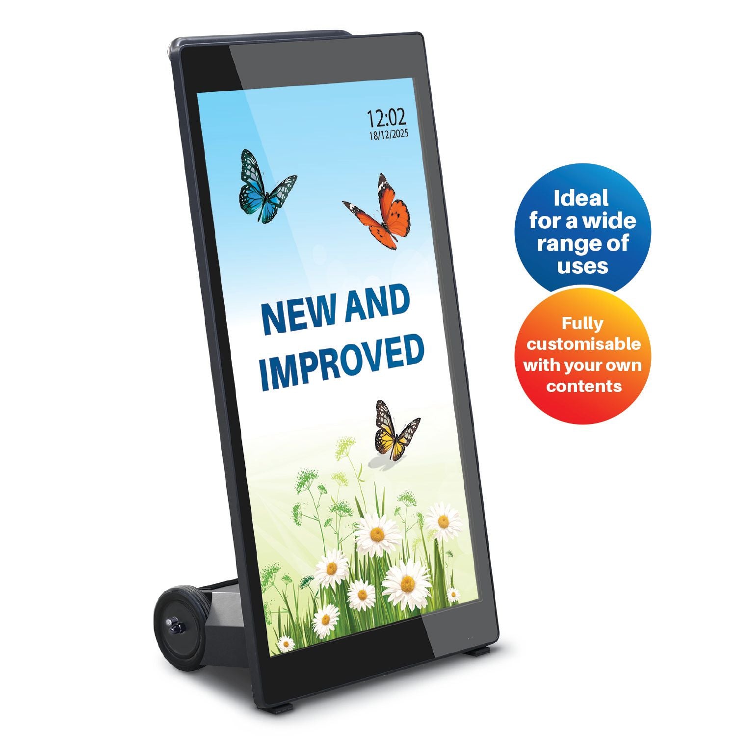 Digital display with butterflies and flowers on a screen, featuring text about customizability.