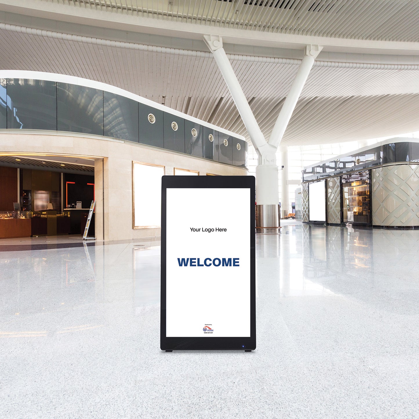 Digital signage displaying 'WELCOME' in a modern indoor setting