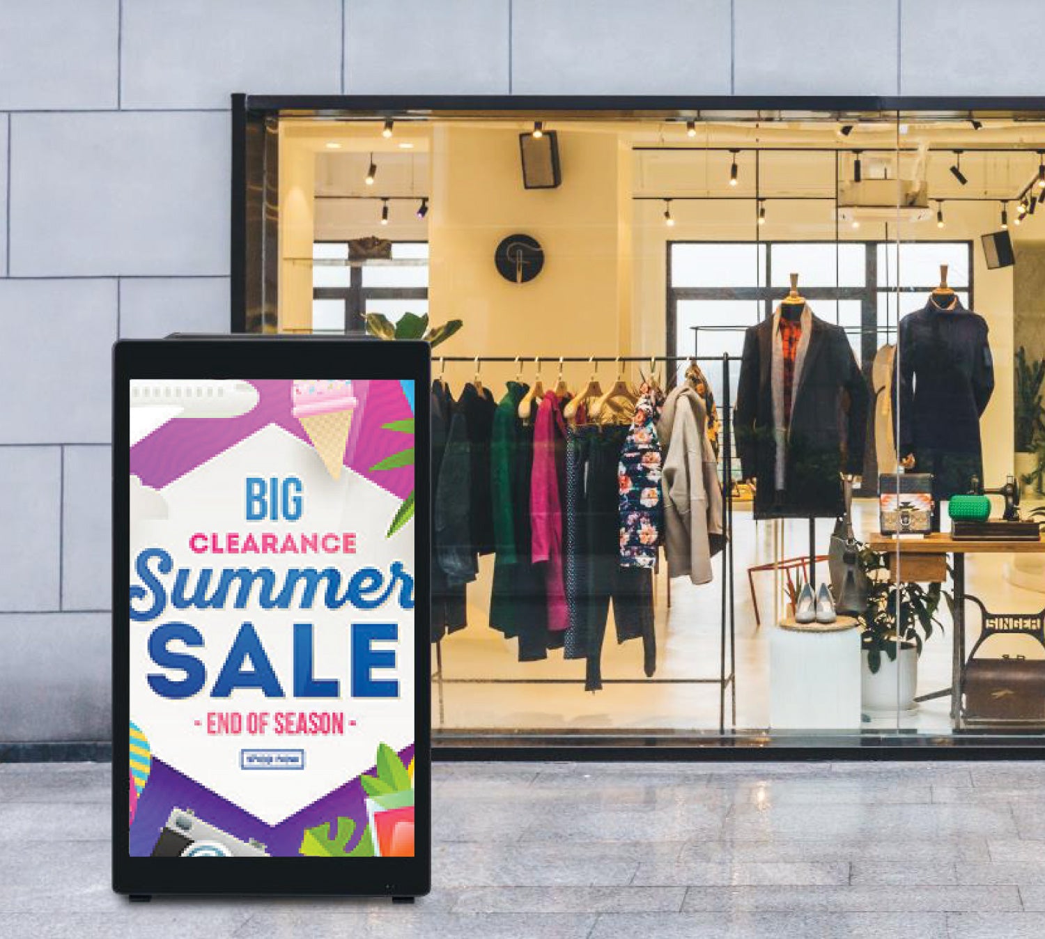 Digital display board with 'Big Clearance Summer Sale' text in front of a clothing store.