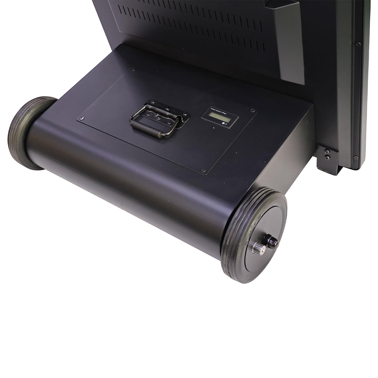 Close-up of a black electronic device with ports on a white background