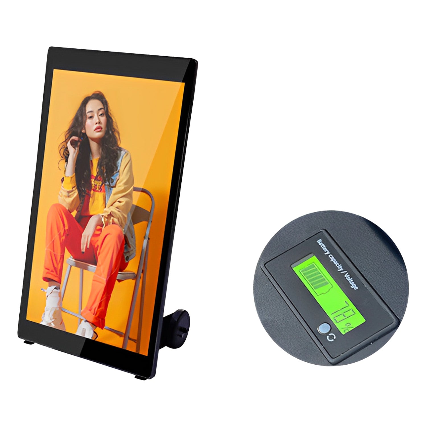 Digital display showing a person on an orange background with a power indicator device showing battery level.