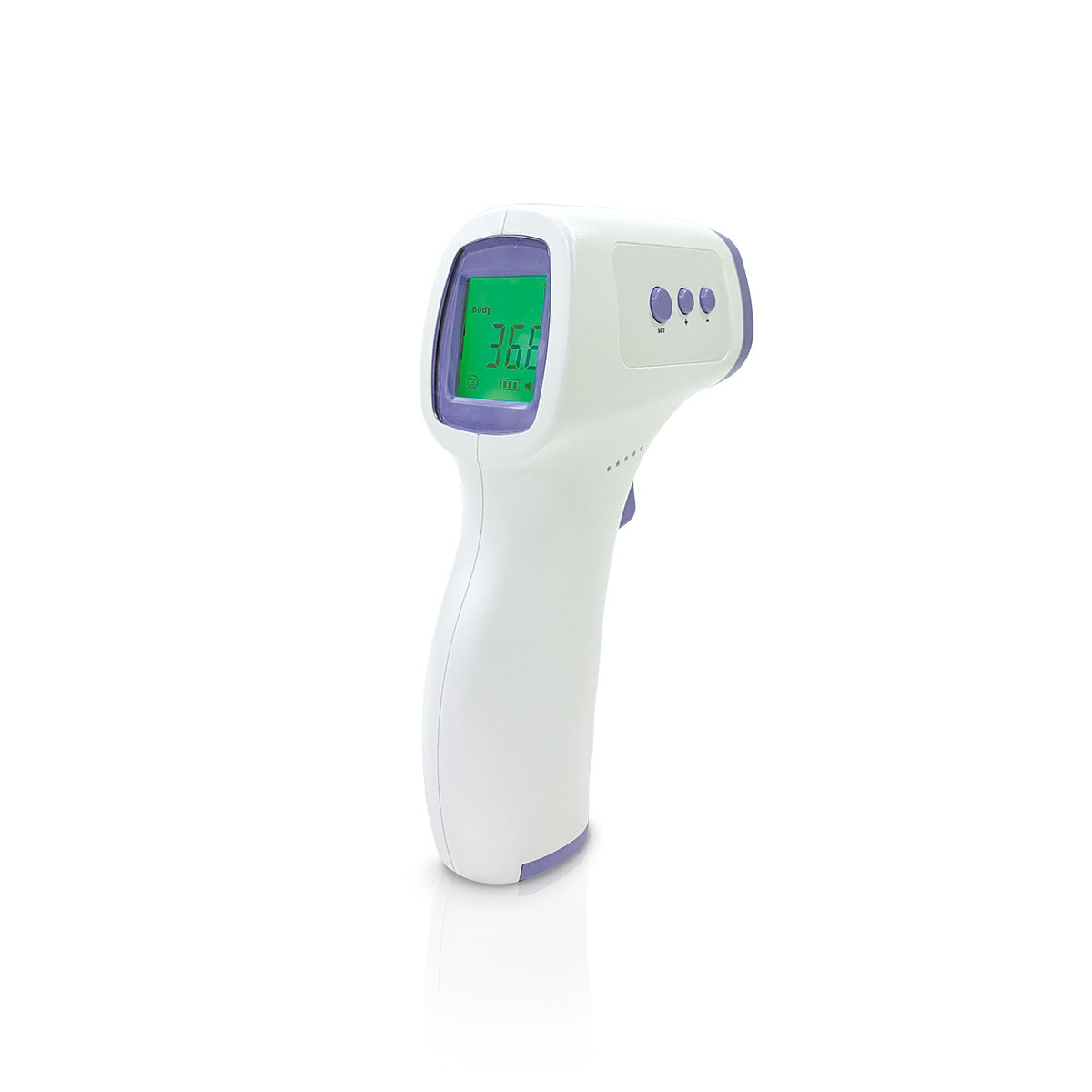 Infrared thermometer with digital display on a white background