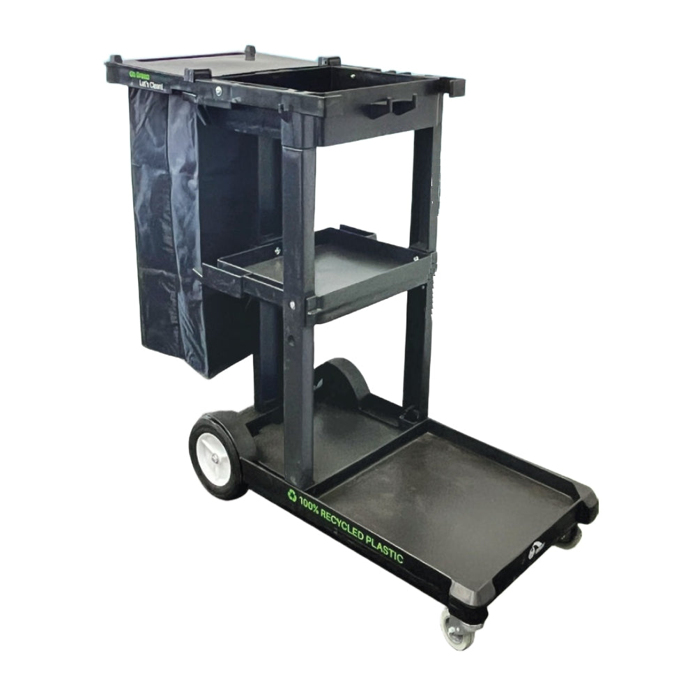 Black three-tier rolling cart with wheels on a white background