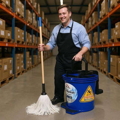 Man in a warehouse holding a mop and a blue bucket with a warning label.