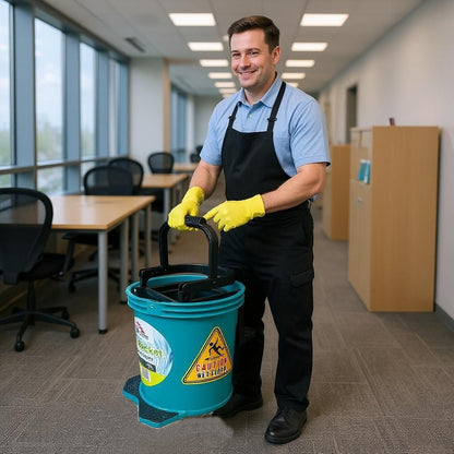 Man in a cleaning uniform holding a green bucket in an office setting