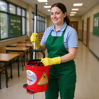 Person in a green apron holding a red cleaning bucket in a classroom setting