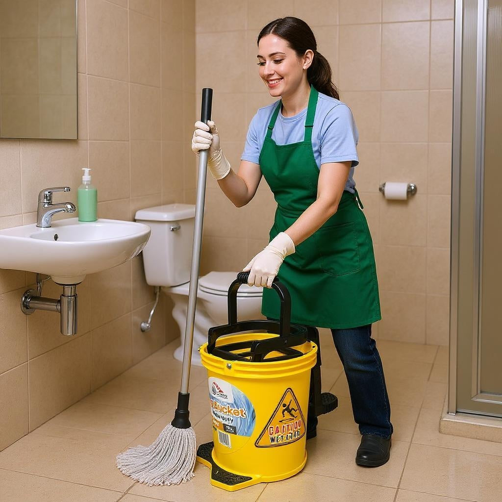 Woman cleaning a bathroom with a mop and yellow bucket.