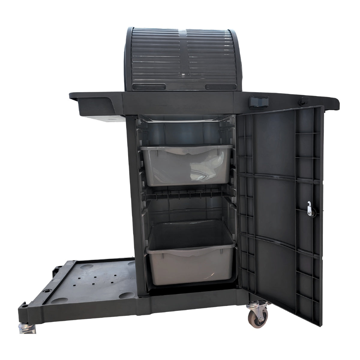 Black CCS Premium Janitor Cart with multiple compartments on a white background