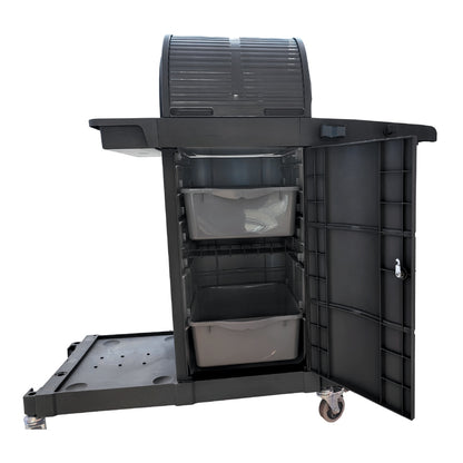 Black CCS Premium Janitor Cart with multiple compartments on a white background
