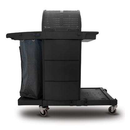 Black CCS Premium Janitor Cart with Hood with a trash bag on a white background