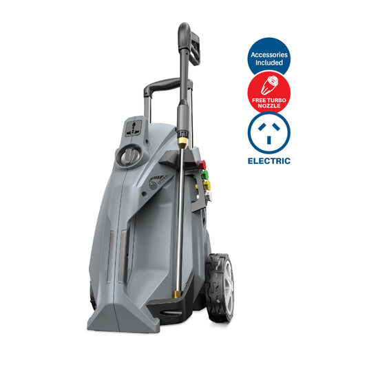 Gray pressure washer with accessories included on a white background