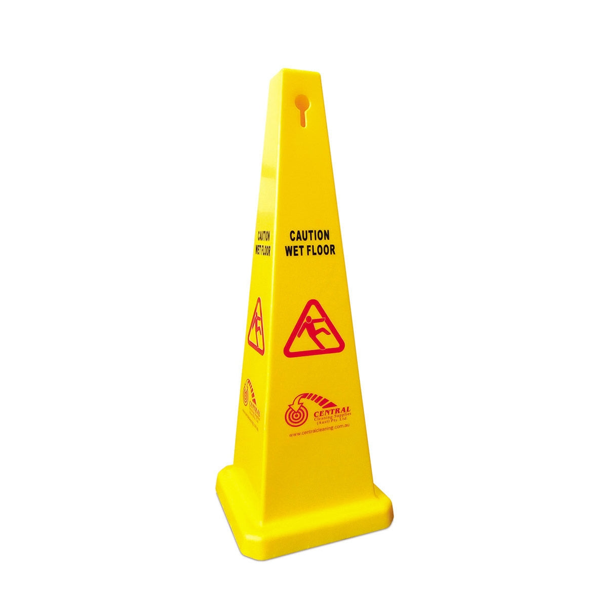 Yellow caution wet floor sign on a white background