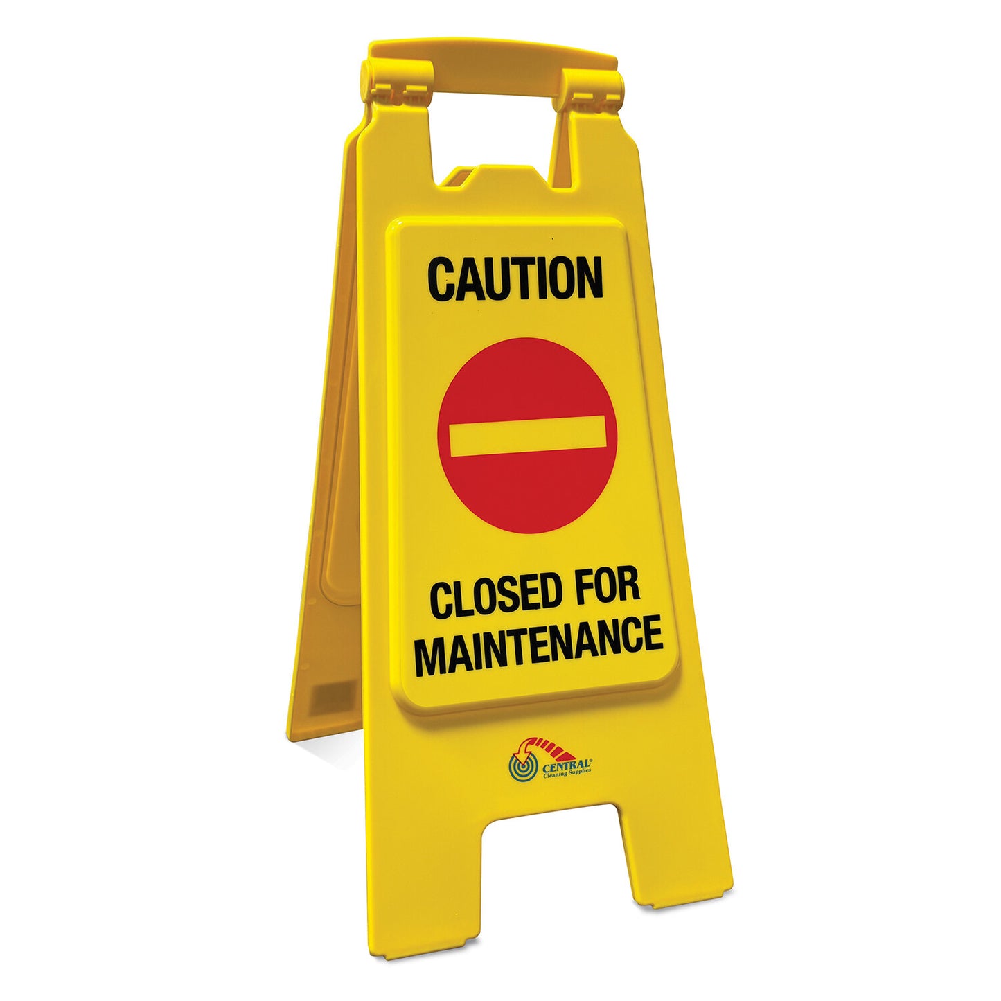 Yellow caution sign with red circle and line, text 'Caution Closed for Maintenance', on a white background