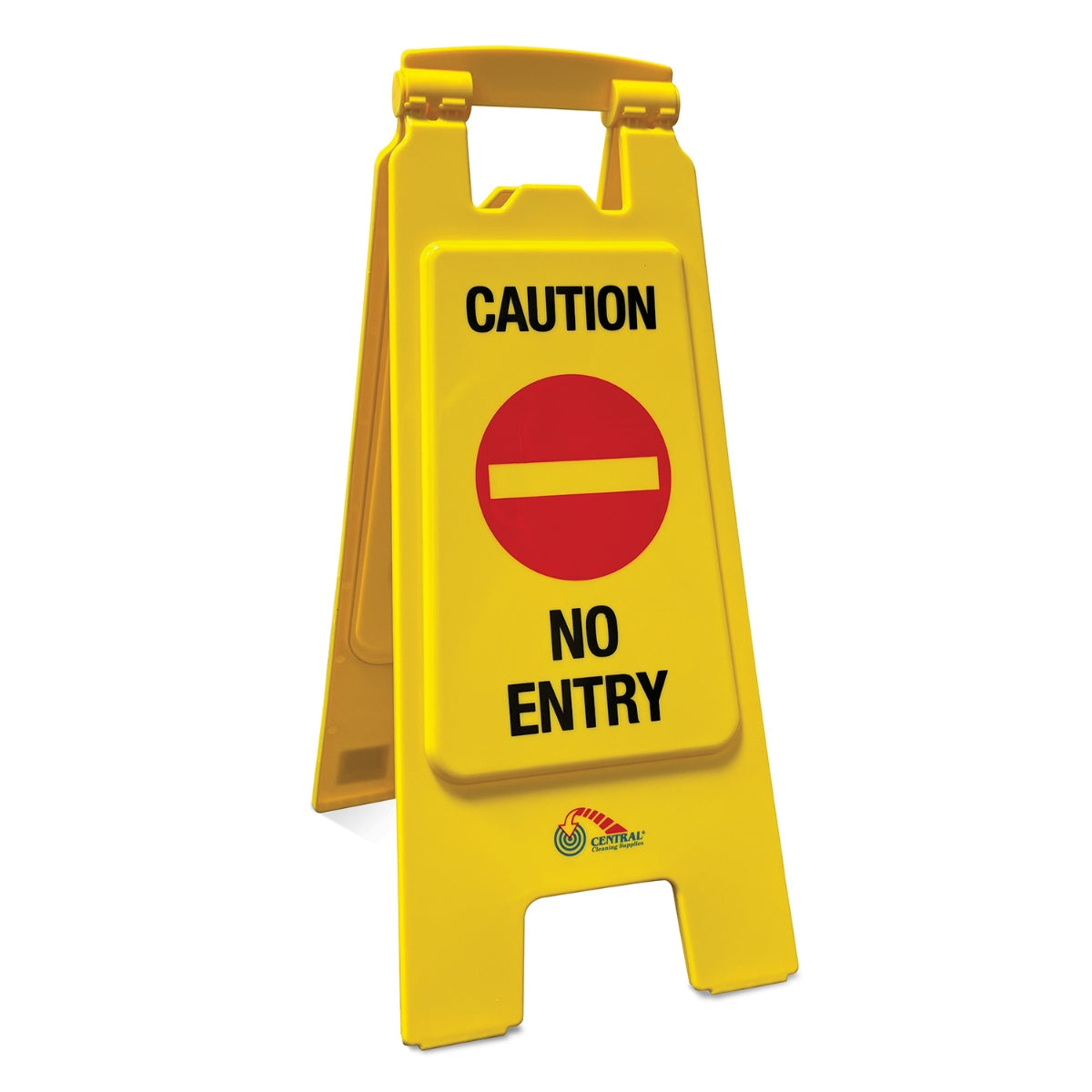 Yellow caution sign with 'No Entry' text on a white background