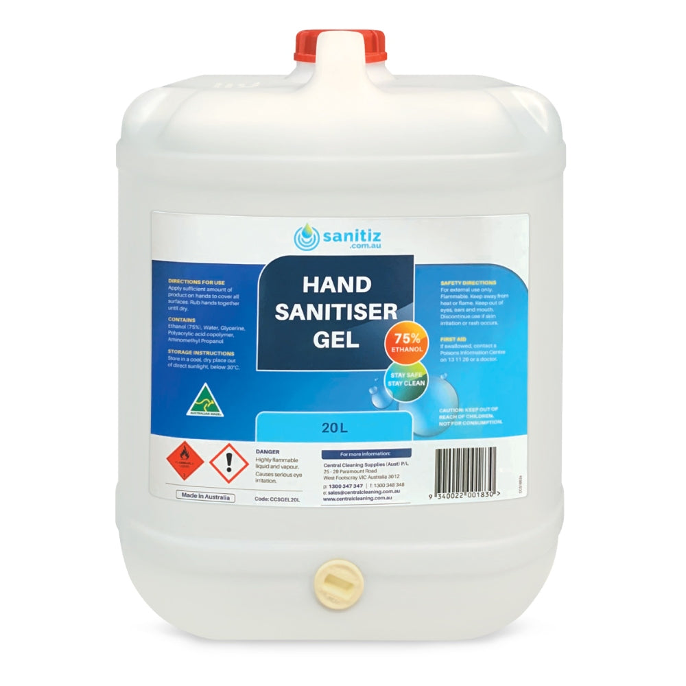 Large container of hand sanitiser gel with a blue label on a white background
