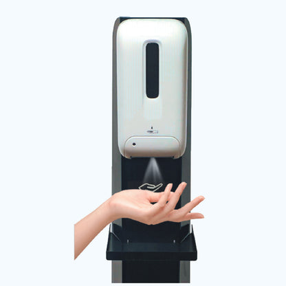 Hand sanitizer dispenser with a hand reaching out to dispense sanitizer on a white background
