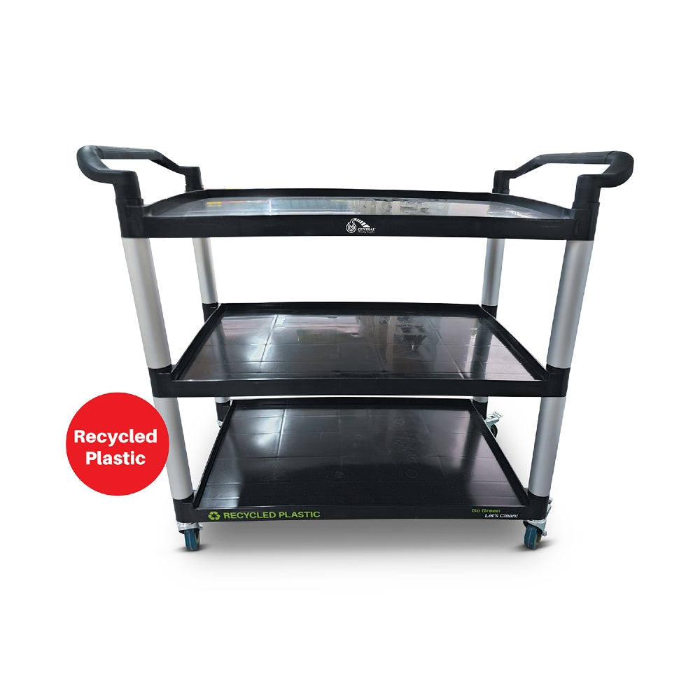 Three-tiered black food service cart with 'Recycled Plastic' label on a white background