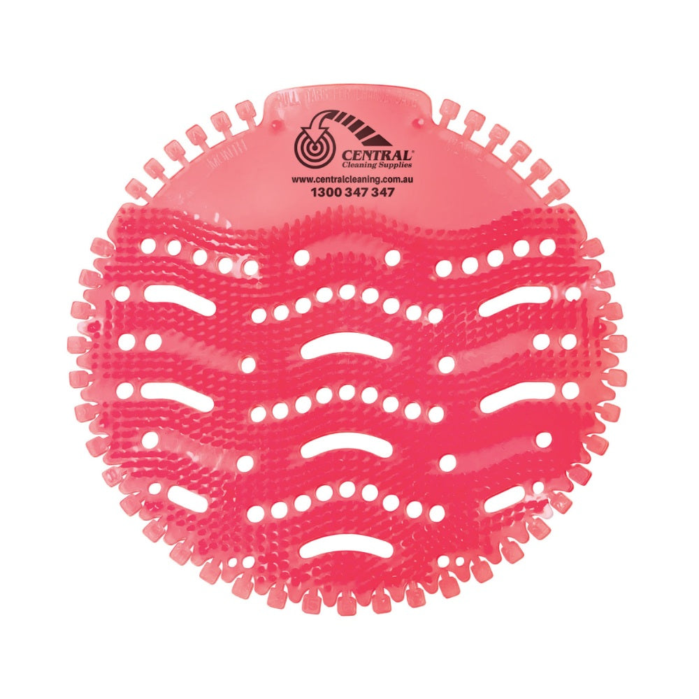 Pink Urinal Screen with Central Cleaning logo on a white background