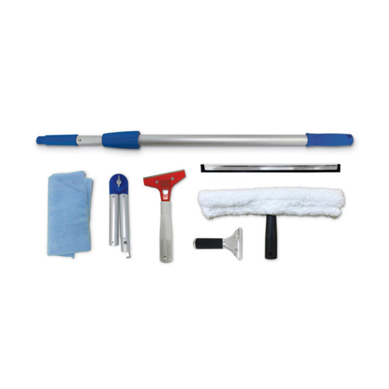 Set of window cleaning tools including squeegees and cloths on a white background