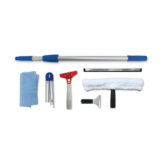Set of window cleaning tools including squeegees and cloths on a white background
