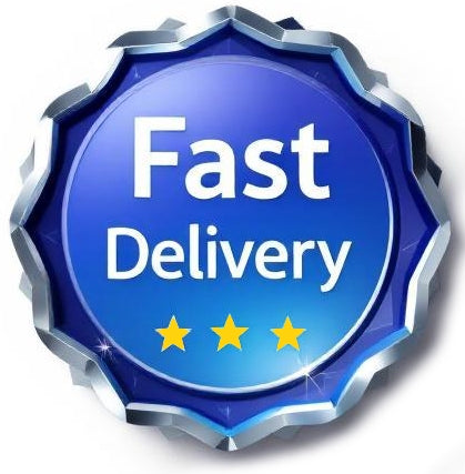 Blue badge with 'Fast Delivery' text and three stars on a white background