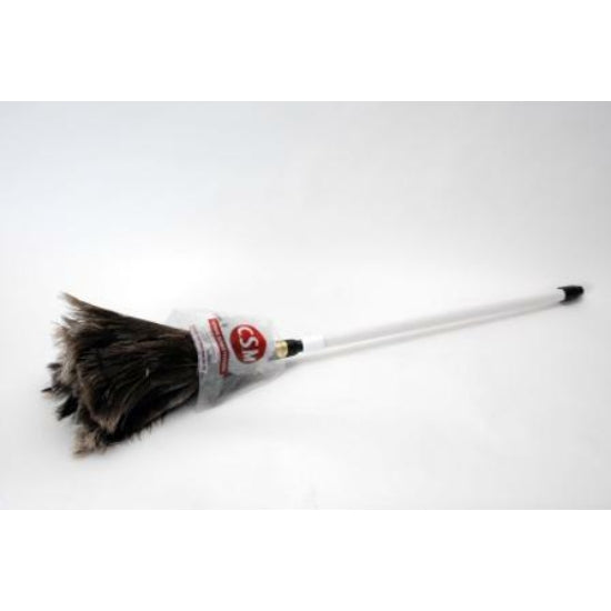Duster with a white handle and black bristles on a light gray background