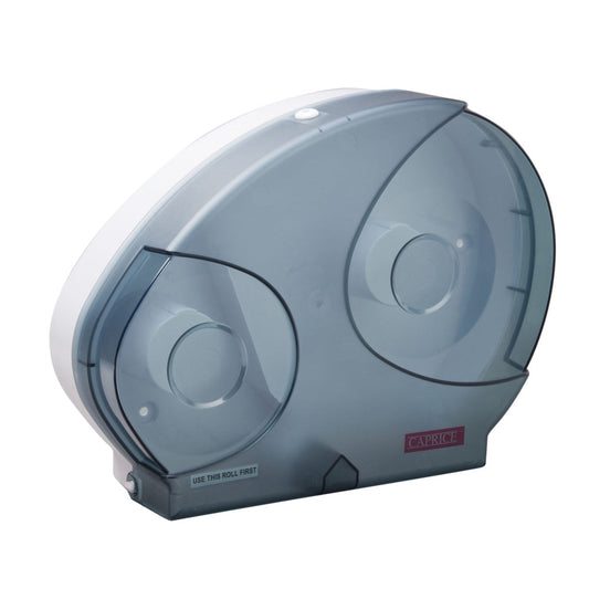 Gray double-roller towel dispenser with Caprice branding on a white background