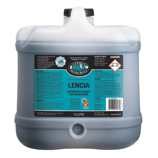 Large container of Lencia bathroom cleaner with a blue label on a white background
