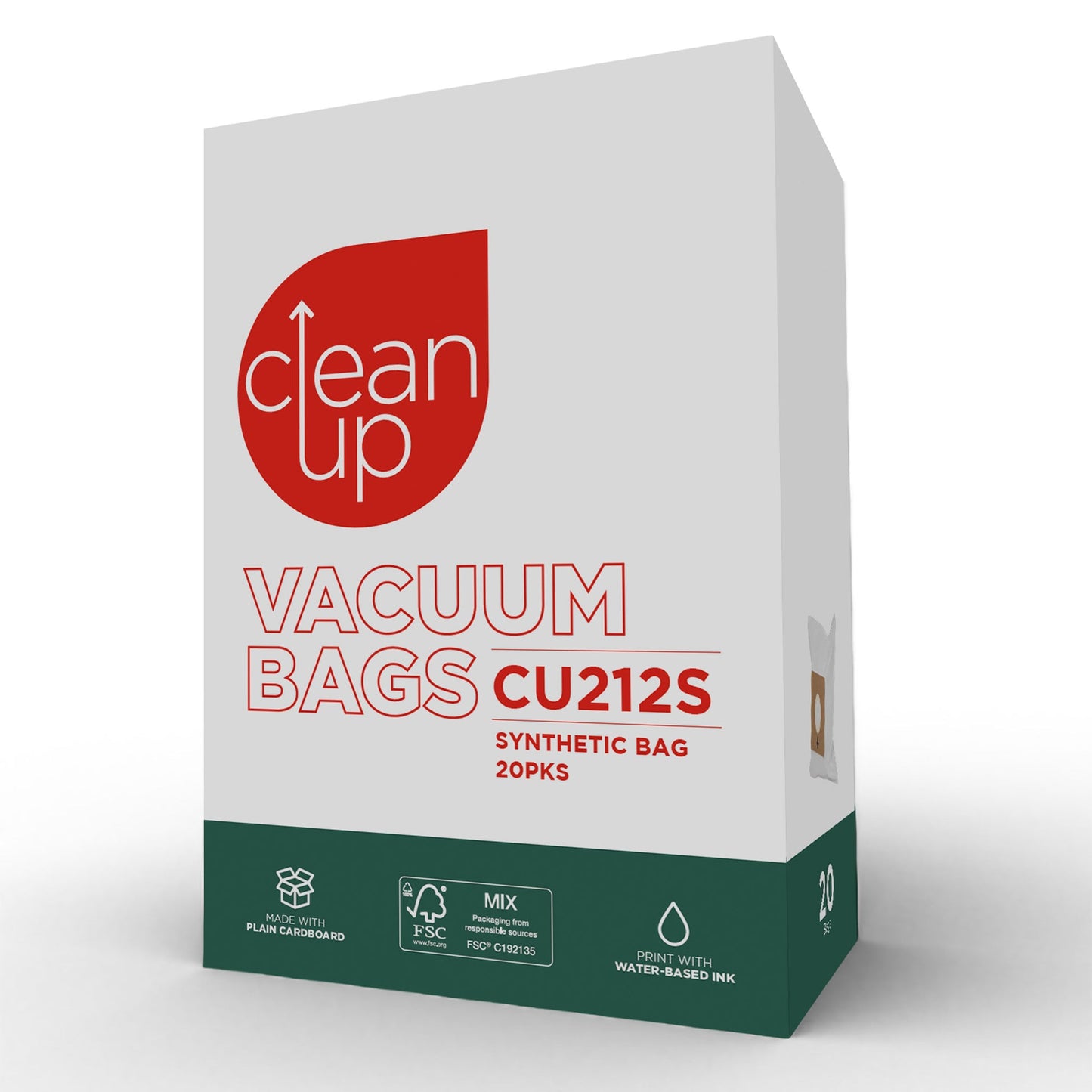 Box of 'Clean Up' vacuum bags CU212S on a white background