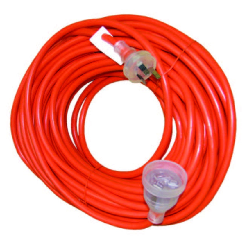 Coiled red extension cord with clear connectors on a white background